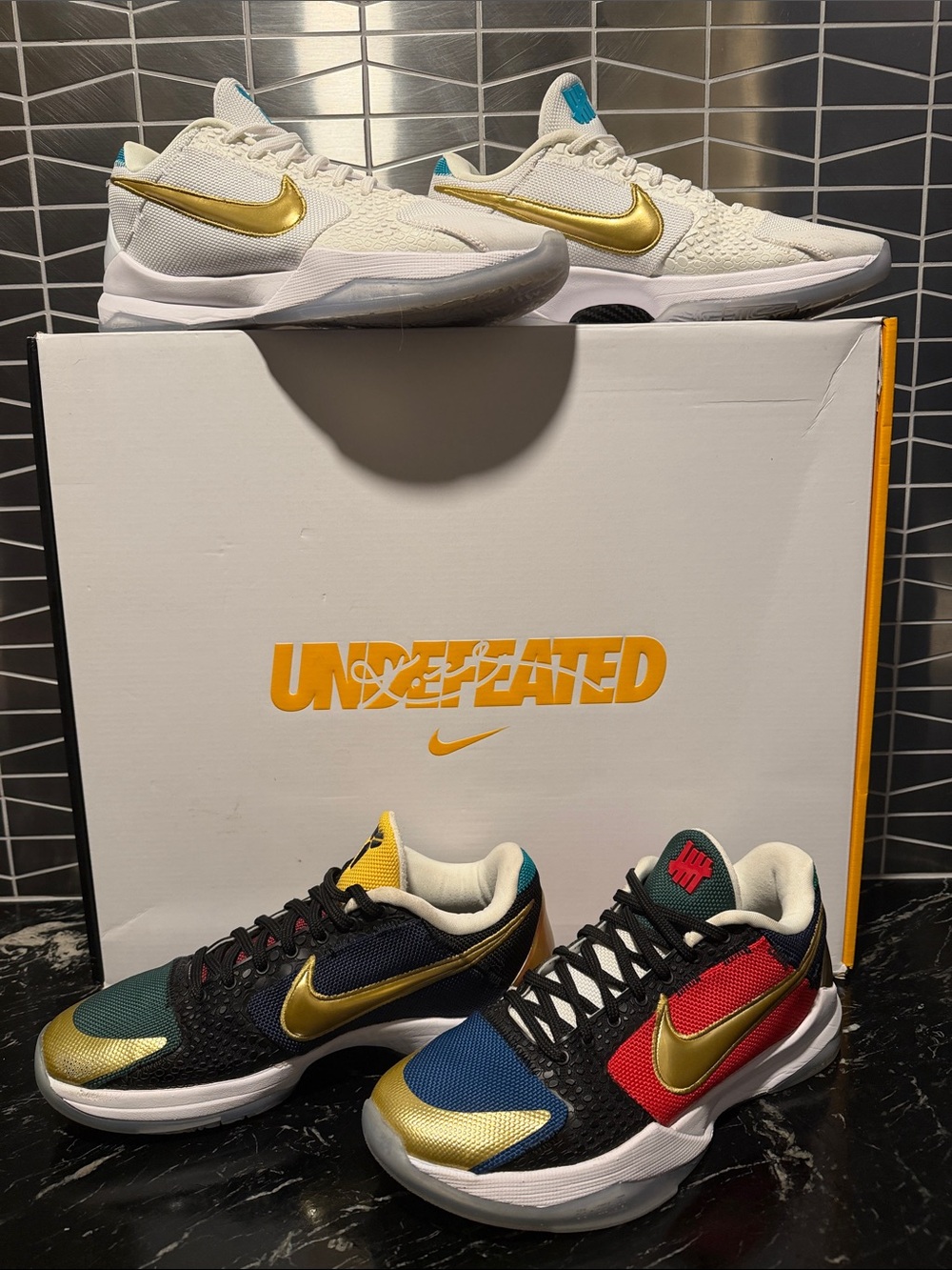 Nike Kobe Protro Undefeated Sneakers in White and Gold with Multicolor